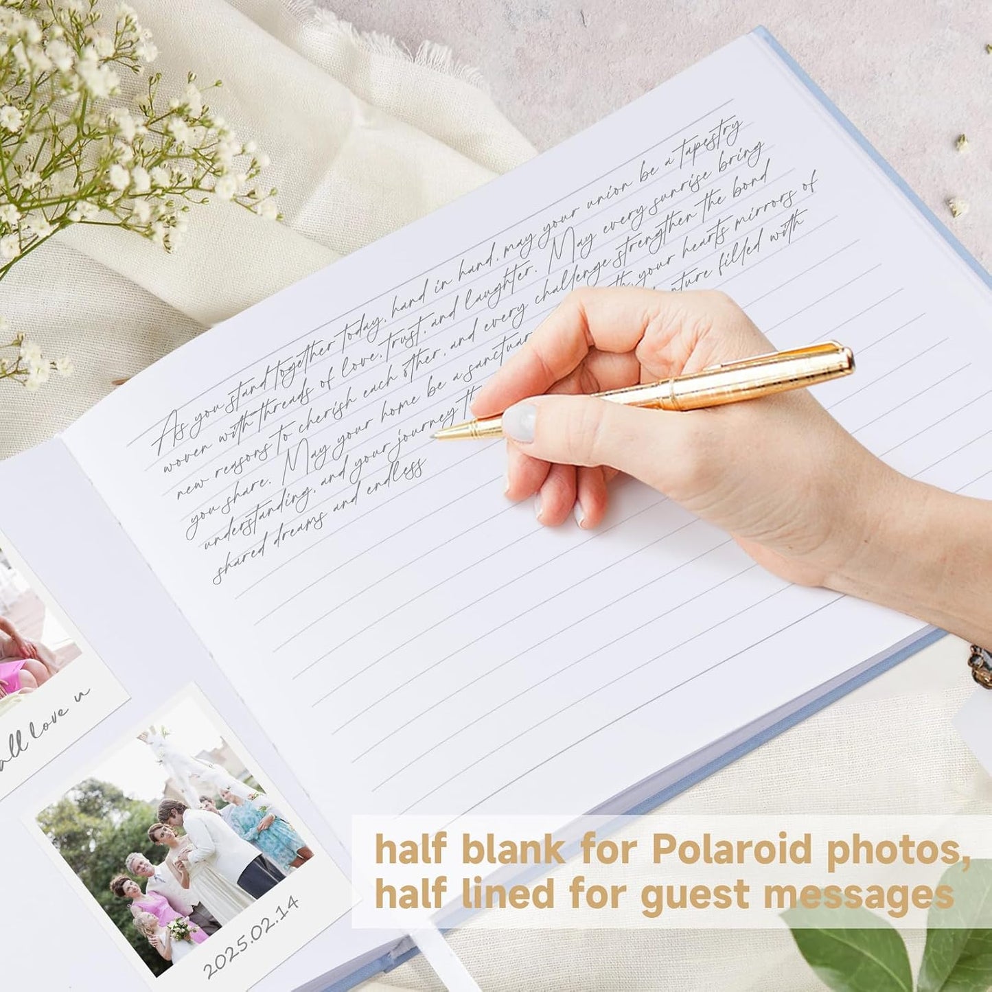 Wedding Guest Book with Personalized 2025 Year - Linen Photo Guest Book for Wedding Reception Bridal Shower Guests to Sign - 100 Pages Blank and Lined Acid Free Paper (Baby Blue)