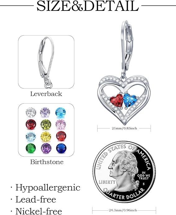 Valentines Day Gifts for Women, Heart Leverback Earrings Double Birthstone Dangle Earrings for Women, Love Jewelry for Her, Anniversary Birthday Gift for Mom Wife Girlfriend