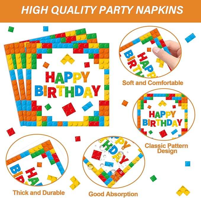 96 Pcs Building Blocks 5th Birthday Paper Plates and Napkins Building Bricks 5th Happy Birthday Tableware Set Brick Theme Party Disposable Plates Set for Boys Kids 5 Years Old Party Decorations