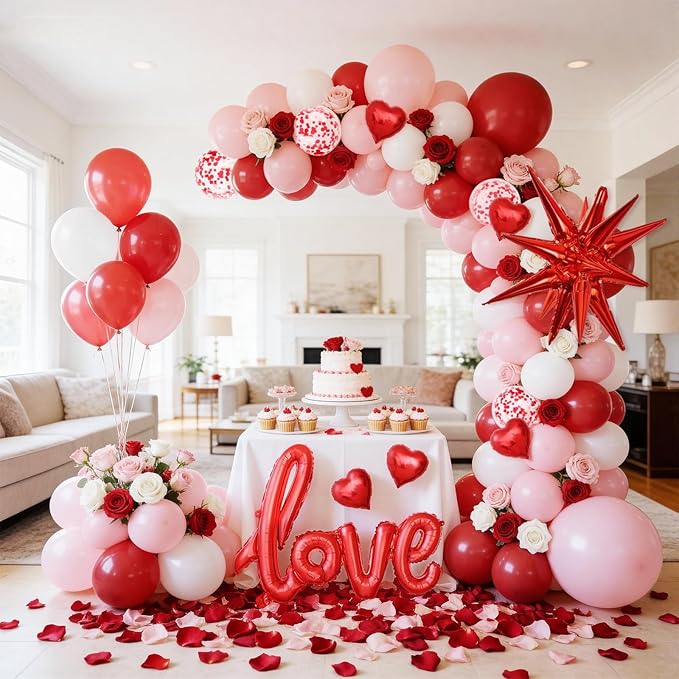Valentines Day Balloon Arch Kit, Pink Red White Balloon Garland with 32" LOVE/ 22"Explosion Star/ 5" Heart Foil Balloon for Galentines Mothers Day Wedding Engagement Anniversary Party Decorations