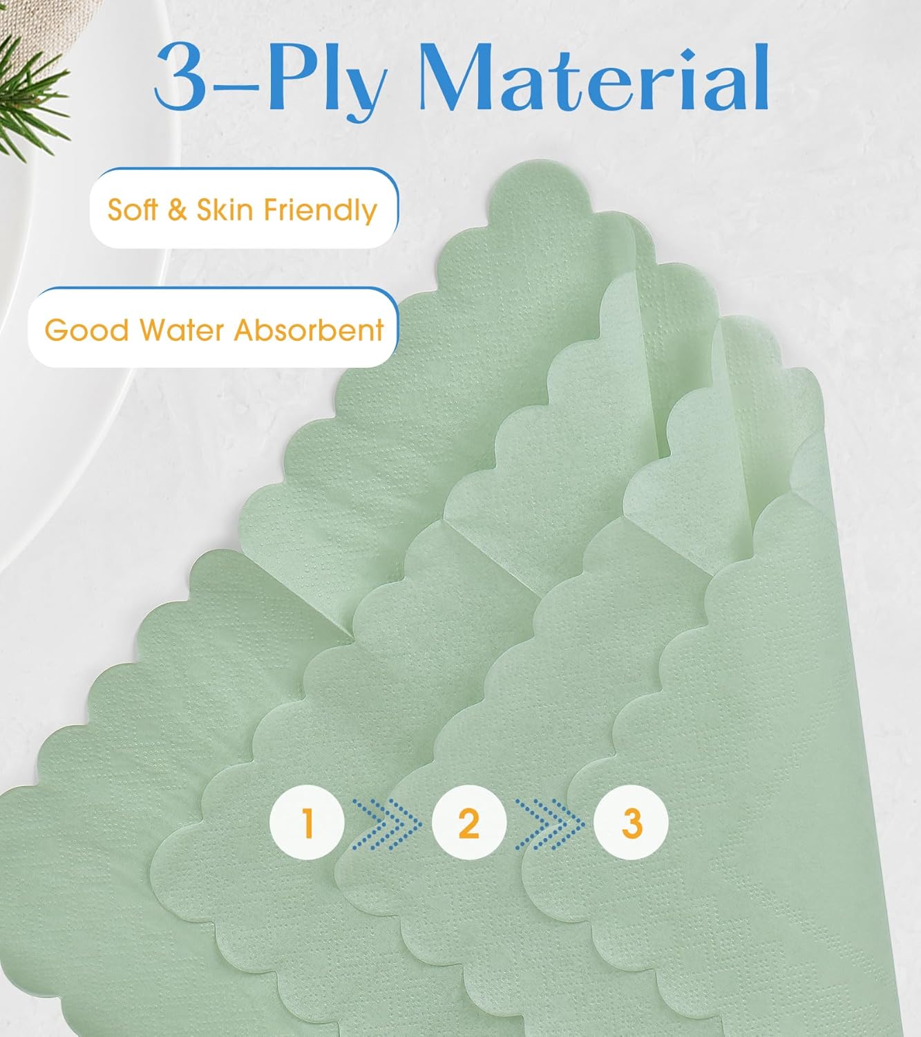 100 Pack Cocktail Napkins, 3-Ply Scalloped Edged Wedding Napkins Folded 5 x 5 Inches Dessert Napkins, Disposable Napkins for Dinner Birthday Party Bridal Anniversary Baby Shower Reception (Sage Green)