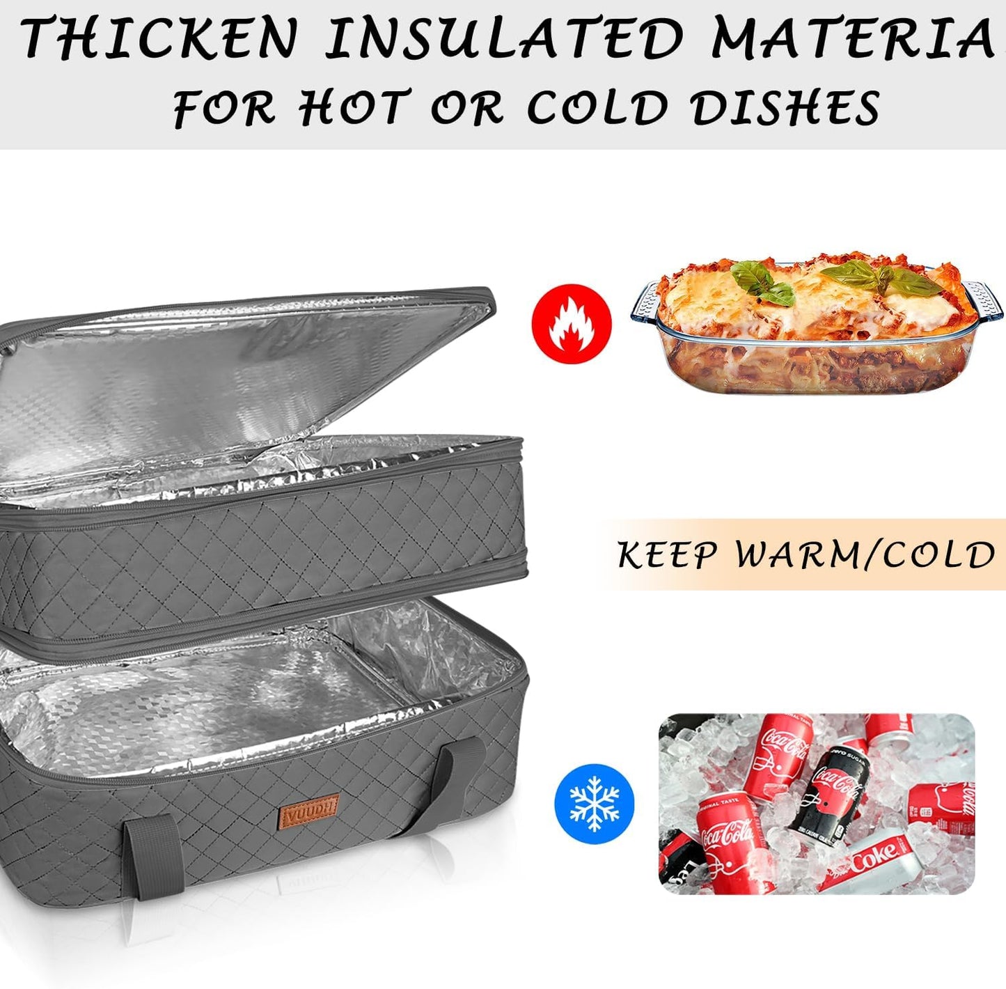 Vuudh Quilted Double Decker Casserole Carrier - Expandable Dish Carrying Case for Hot or Cold Food, Lasagna Holder for Potluck Parties, Picnic, Beach, Fits 9"×13" Baking Dish (Grey)