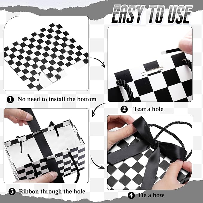 Moinchore 30 Pcs Checkered Racing Treat Bags with Handles 5.5 x 4.7 x 2.5 in Black and White Race Car Party Favor Checkered Goodie Gift Bags Bulk for Candy Cookies Snacks, Speedway Birthday Decoration
