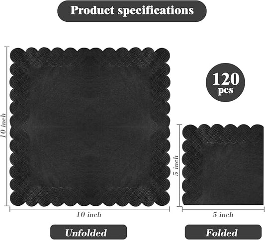 120 Pcs Black Scalloped Cocktail Napkins,2-Ply Black Disposable Beverage Party Napkins for Dinner Wedding Birthday Baby Shower