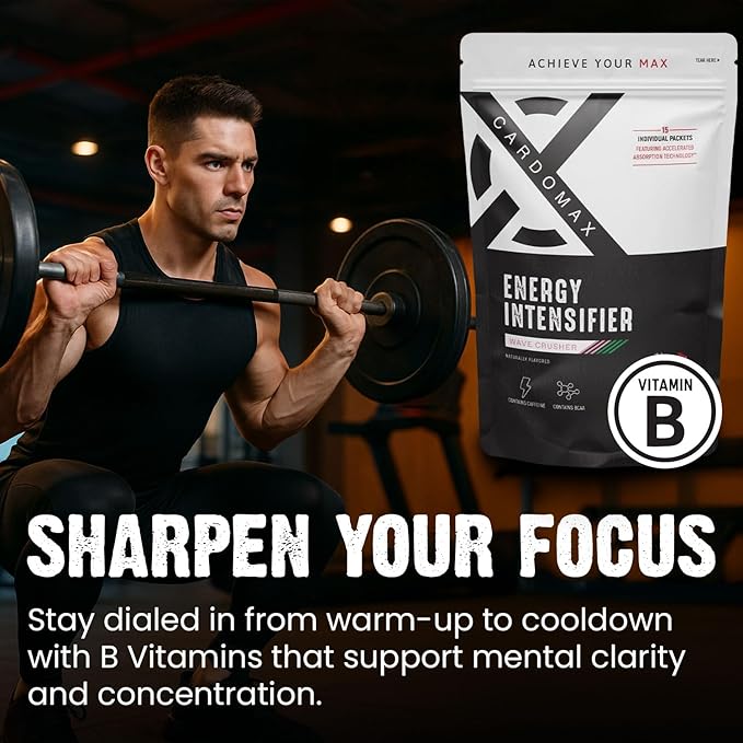 CardoMax - Energy Drink Packets - Liquid Preworkout for Men & Women Caffeine Packets with BCAA, Vitamin B12, Vitamin B6 & B3 - Sugar-Free, Zero Calorie, Vegan & Keto - 15 Stick Packs - Wavecrusher