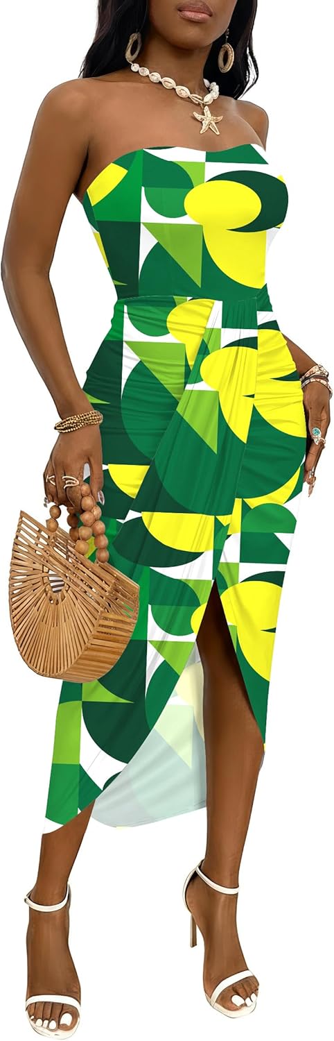 Umenlele Women's Strapless Ruched High Waist Wrap Split Asymmetrical Beach Maxi Long Dress