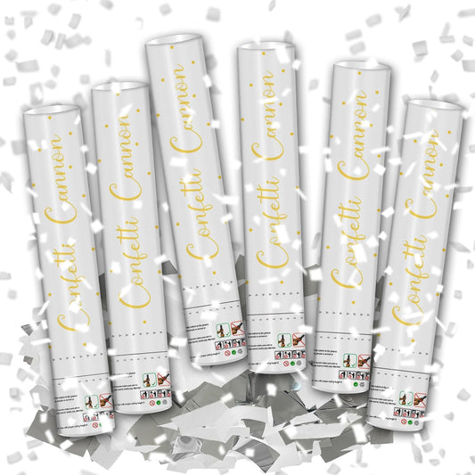 12" Silver & White Confetti Cannons - Party Poppers for Birthday Graduation Retirement Wedding New Year Celebrations - Easy to Use - Pack of 6