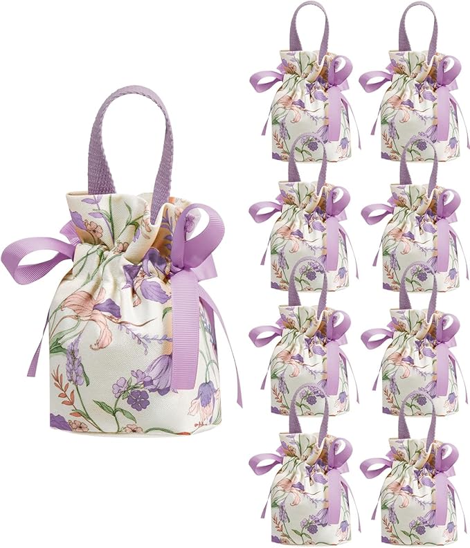 Liobelon 8 Pieces Floral Mini Gift Bags with Handles 14x9.5x6cm/5.5x3.7x2.3inch Canvas Candy Bag Tea Party Favor Bags for Party, Wedding, Bridal Shower, Valentine's Day, Mother's Day Jewelry Bag