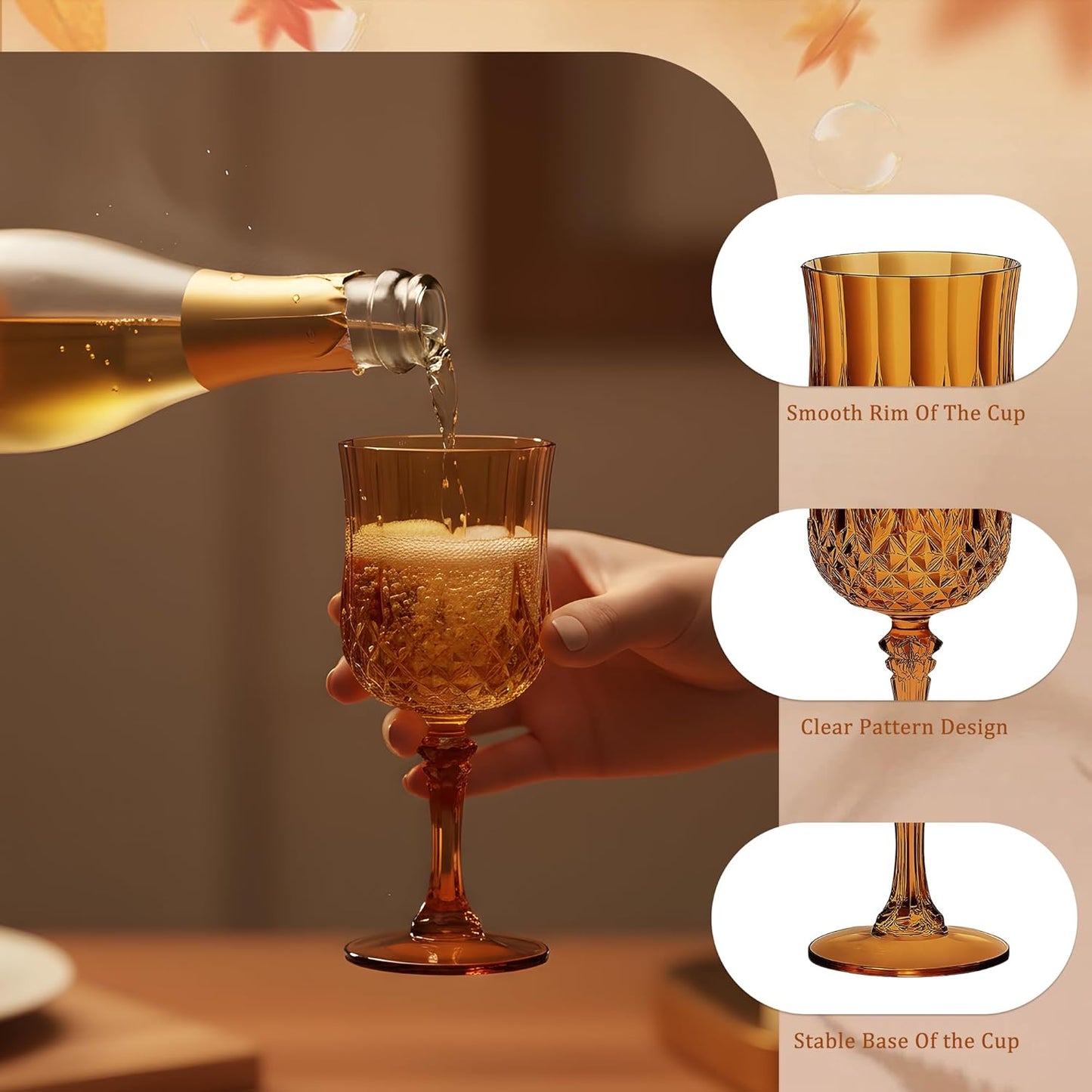 12PCS 7OZ Amber Wine Plastic Glasses, Drinking Champagne Glasses Flutes Crystal Vintage Water Unbreakable Goblets for Wedding, Parties