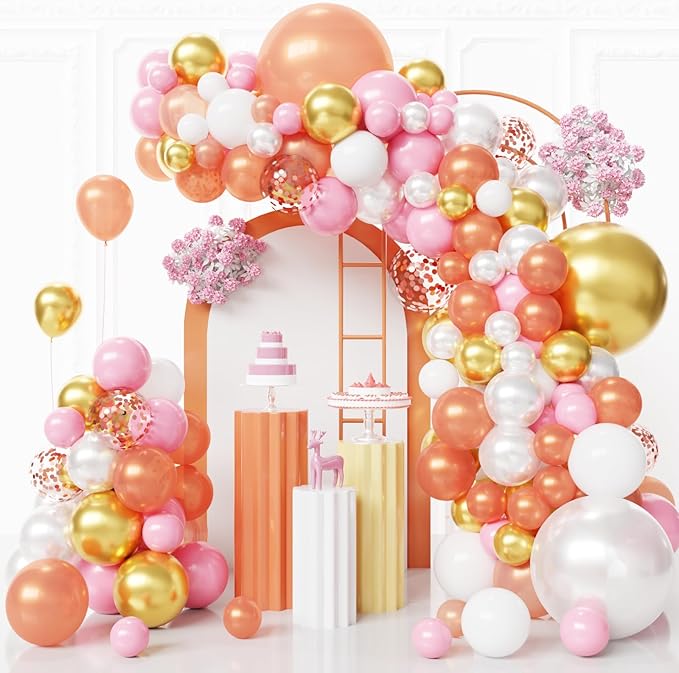 Rose Gold Balloons Arch Kit,130pcs Pearl Metallic Rose Gold Balloon Garland,Different Sizes White and Gold Latex Balloons for Wedding Bridal Baby Shower Birthday Party Decorations for Women