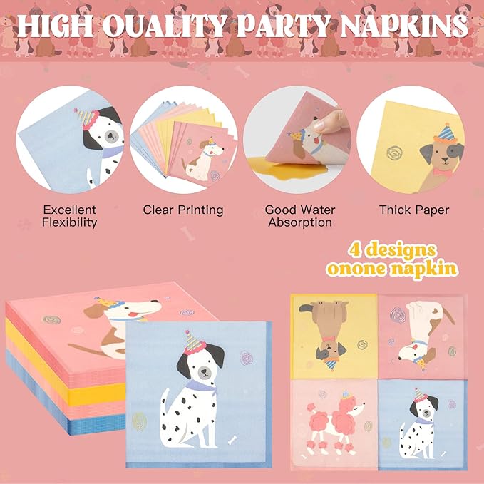 182Pcs Pet Dog Birthday Party Decorations,Retro Puppy Themed Paper Plates Napkins Disposable Pet Dog Tableware Supplies Serve 30 Guests,for Baby Shower Kids Birthday Party Favor