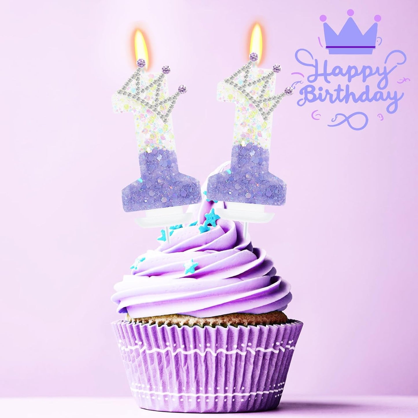 Purple White Number 11 Candle, Glitter Crown Cake Topper, Princess Birthday Party Decorations for Girls and Women Anniversary Celebrations Party Favors