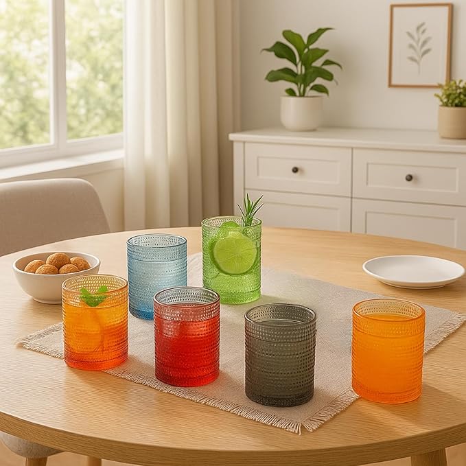 Khen Plastic Hobnail Drinking Glasses Set of 6 Neutral Tones Cups 14oz, Shatterproof & Unbreakable Acrylic Beaded Design, BPA-Free, Dishwasher Safe Indoor/Outdoor Drinkware for Water, Juice, Cocktails