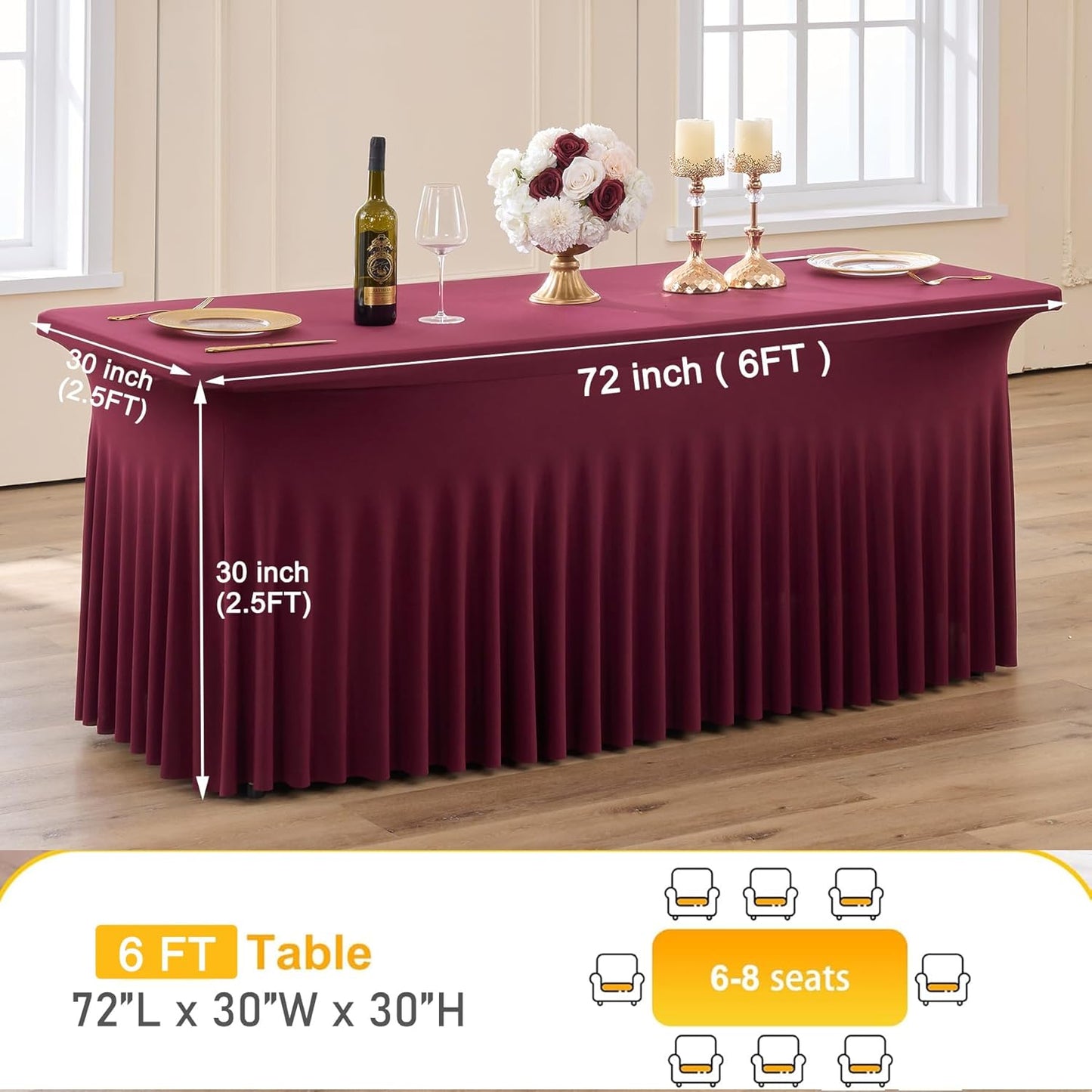 6pk Burgundy Spandex Tablecloths 6ft for Rectangle Tables, Wrinkle Free Classy Table Skirt Stretchy Fitted Table Cloths Covers 6 Foot for Weddings Birthday Party Events Banquette Baby Shower