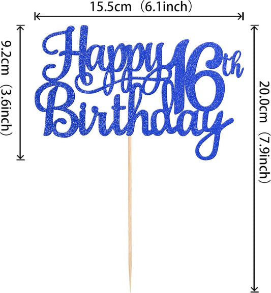 1 PCS Happy 16th Birthday Cake Topper Glitter Cheers to 16 Years Birthday Cake Pick Sweet 16 Fabulous Cake Decoration for Happy 16th Birthday Theme Party Decorations Supplies Blue