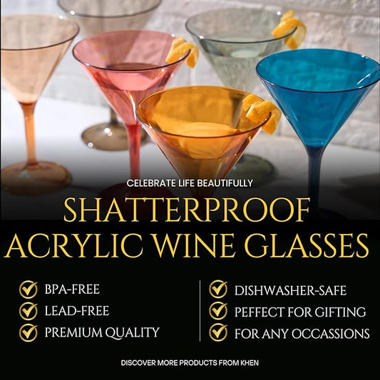 European Style Plastic Crystal Glasses , Unbreakable Martini , Cocktail |Set of 6| Shatterproof Acrylic 100% Tritan Drinkware, Colored BPA-free , Reusable, Outdoor, Pool & Indoor, Dishwasher Safe 10oz