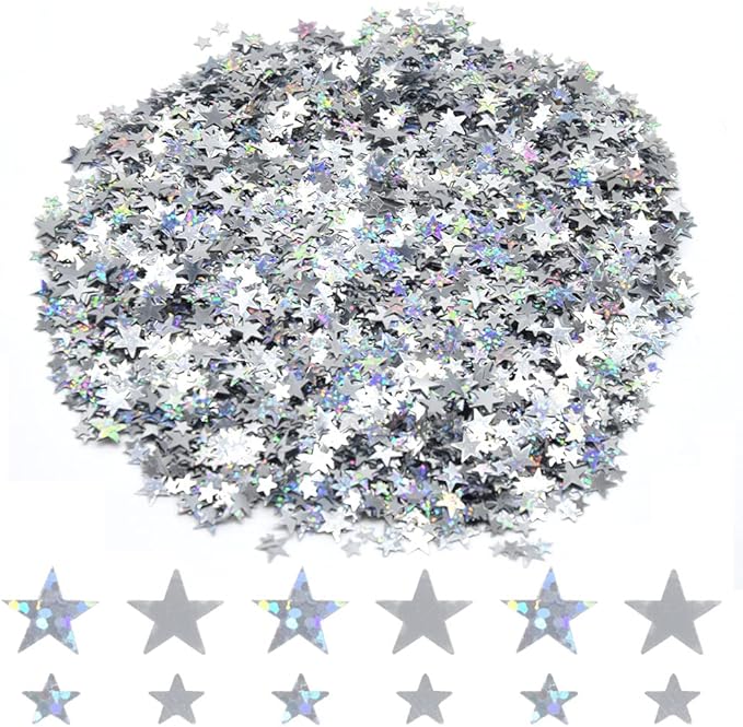 Ruidee 60g Star Confetti Metallic Foil Stars Table Confetti Metallic Foil Stars Sequin for Halloween Birthday Wedding Festival Party DIY(Silver/Glitter Silver)