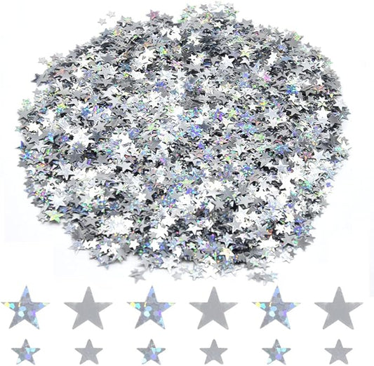 Ruidee 60g Star Confetti Metallic Foil Stars Table Confetti Metallic Foil Stars Sequin for Halloween Birthday Wedding Festival Party DIY(Silver/Glitter Silver)