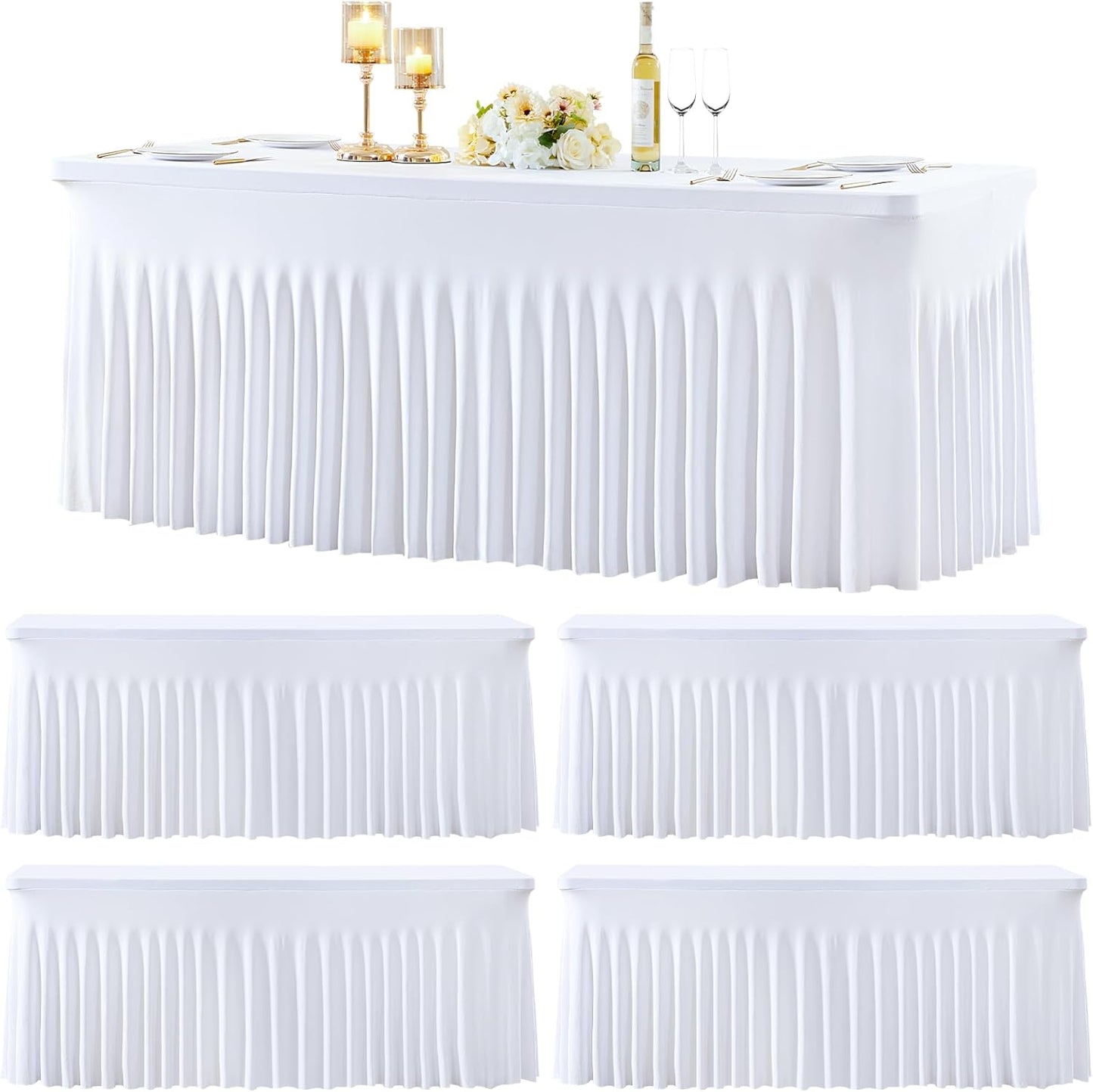4 Pack 6ft White Spandex Tablecloths for Rectangle Tables Wrinkle Free White Rectangle Table Cloth, Stretch Fitted Table Cover with Skirt for Wedding Birthday Party Banquet Baby Shower Buffet Event