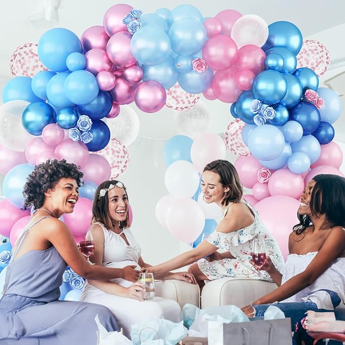 Gender Reveal Pink and Blue Balloons Set, 60 Piece 12 Inch Macaron Confetti Star Pattern Balloons with Ribbon for Birthday Wedding Baby Party Decorations