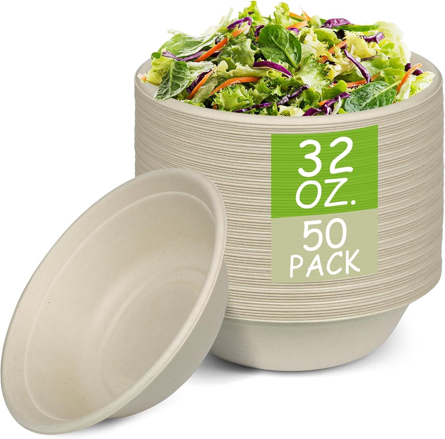 Paper Bowls, 100% Compostable Disposable Soup/Salad Bowls 32 Oz 50 Pack, PFAS-Free BPI Certified Eco-Friendly Hot/Cold Food Bowls, Natural Brown