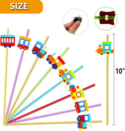24 Pack Train Theme Reusable Plastic Straws - 6 Colors, Drink & Cocktail Straws with Cartoon Decoration - Kids Party Supplies & Birthday Favors - Includes 2 Cleaning Brushes