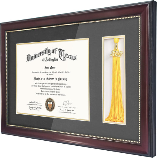 GraduationMall 11x17 Mahogany Diploma Frame with Tassel Holder for 8.5x11 Certificate Document,Real Glass, Black over Gold Mat