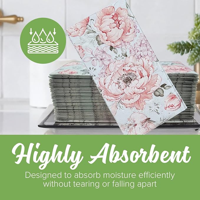 SimuLinen Pink Garden - Disposable Paper Towels for Bathroom, Guest Hand Towels, Cloth-Like Linen-Feel, Single-Use, Size 12x17" - 500ct (Made in Germany)