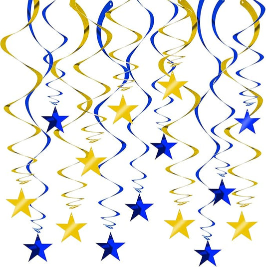 BEISHIDA Blue Gold Stars Hanging Swirls Graduation Hanging Ornament Decorations for Birthday Party Baby Shower Congrats Grade 2025 Graduation Decorations,Pack of 15