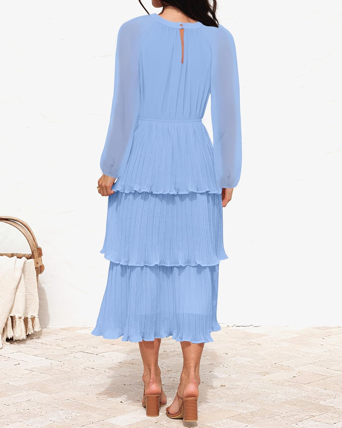 ZESICA Women's 2025 Long Sleeve Crew Neck Ruffle Tiered Layered Chiffon Flowy Swing Long Midi Dress