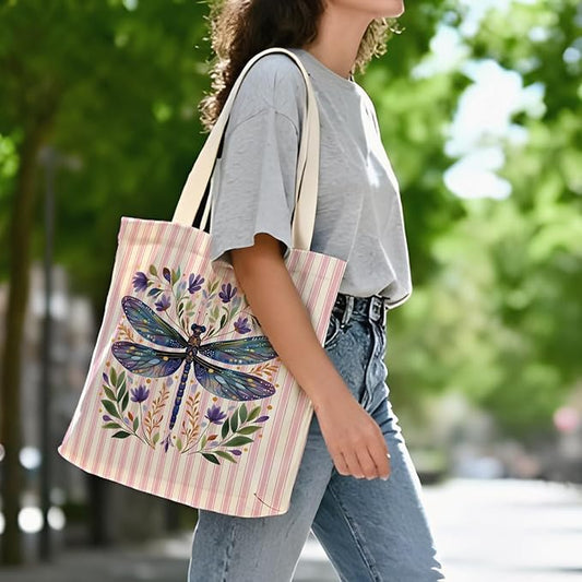 Purple Dragonfly Floral Tote Bag for Women,Dragonfly Canvas Tote Bag for Girls,Purple and White Striped Farmhouse Botanical Aesthetic Reusable Shopping Grocery Bags Party Favors