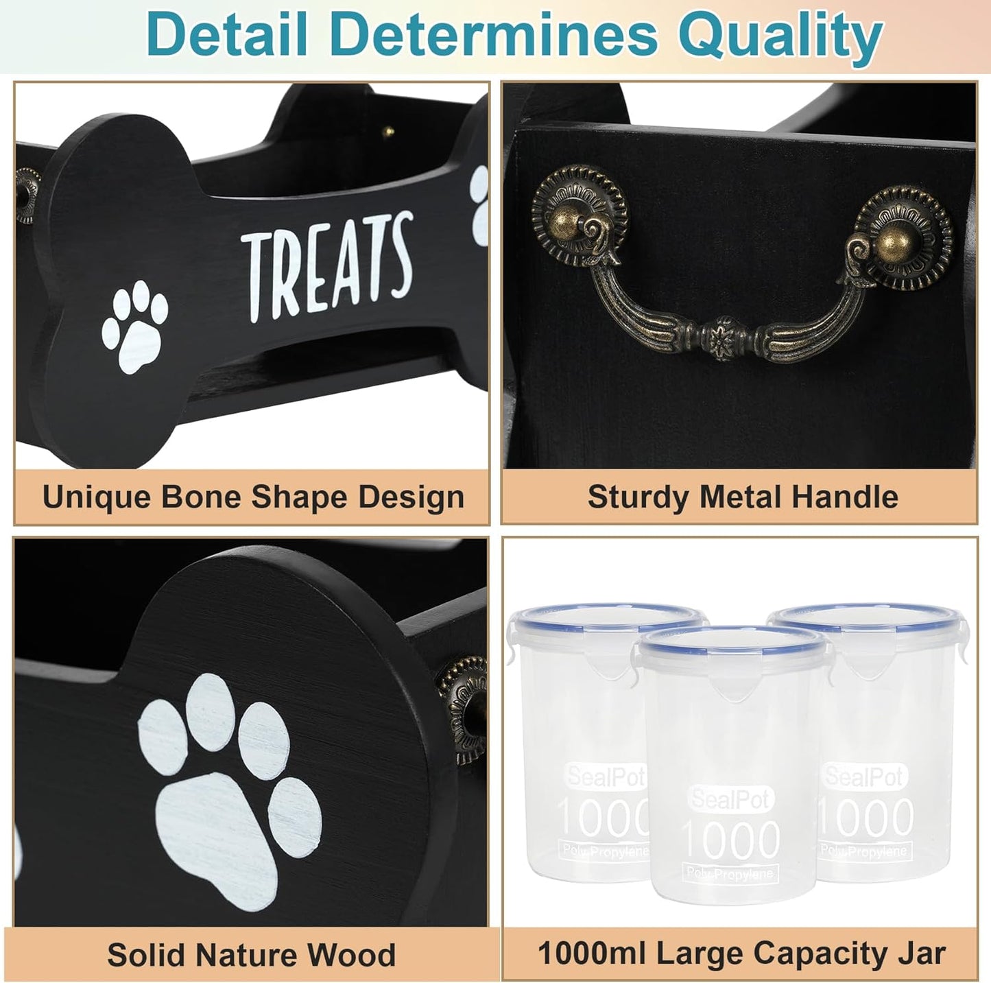 WGFKVAS Dog Treat Storage Containers, 3 Jar Countertop Organizer with Airtight Lids, Black Wooden Pet Food Dispenser for Dogs & Puppies, Perfect Food Storage Solution and Gift for Dog Owners