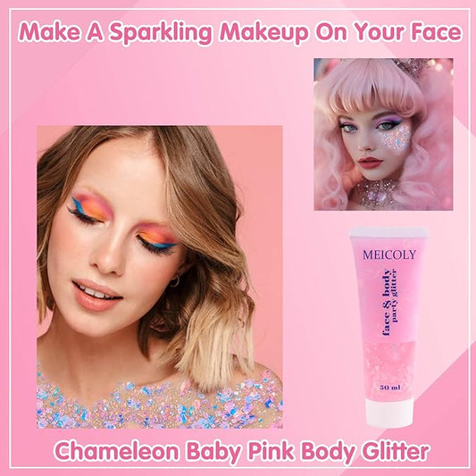 MEICOLY Chameleon Baby Pink Body Glitter,Pink Turn to Purple Face Glitter Paint,Holographic Color Changing Mermaid Face Glitter Gel for Hair,Self-Adhesive Chunky Glitter for Halloween Festival Party