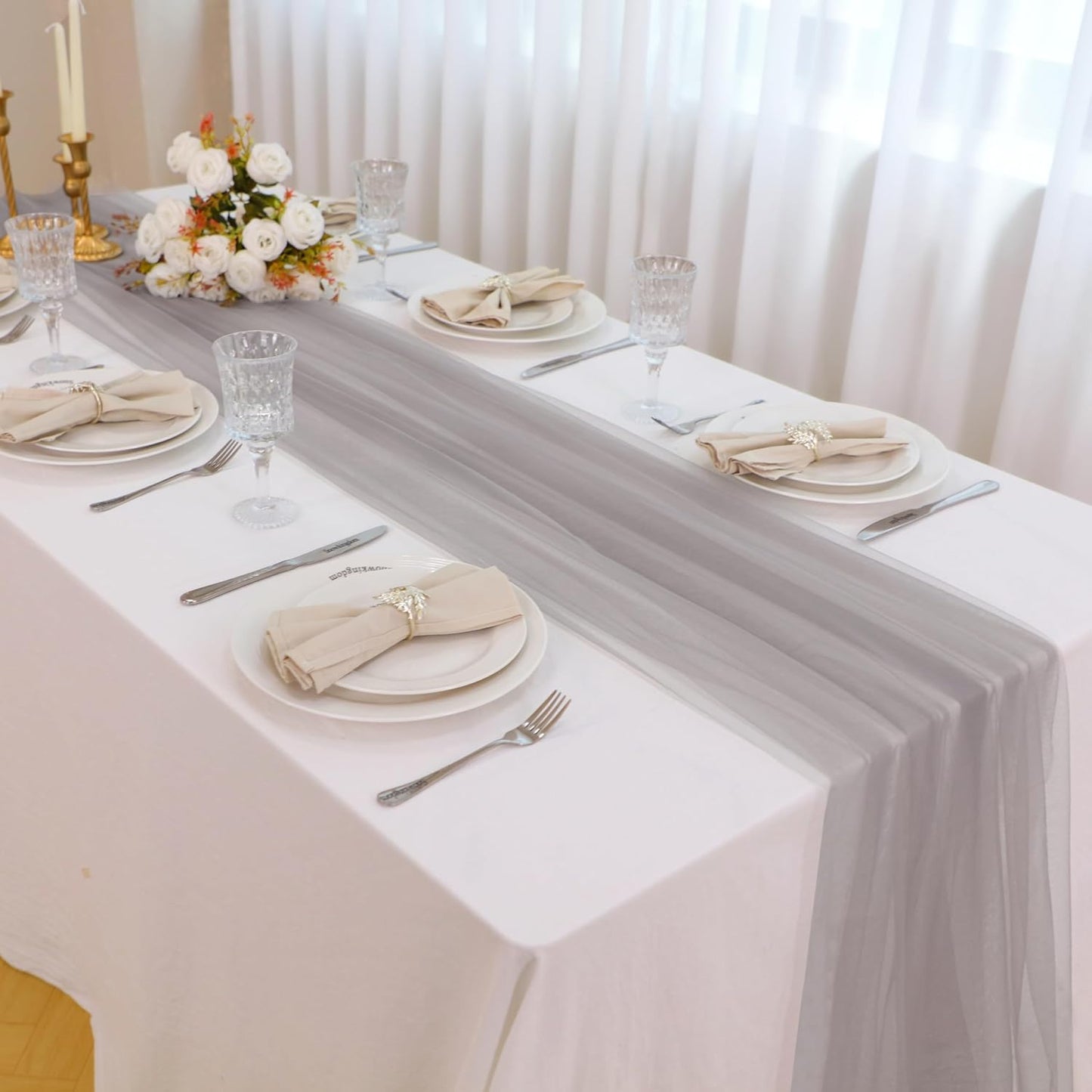 Snowkingdom Grey Table Runner, 10FT Light Grey Tulle Rustic Gauze Cheesecloth Table Decorations, Long Boho Rustic Tulle Runners for Wedding Birthday Christmas Outdoor Party Home Decor 120 Inch