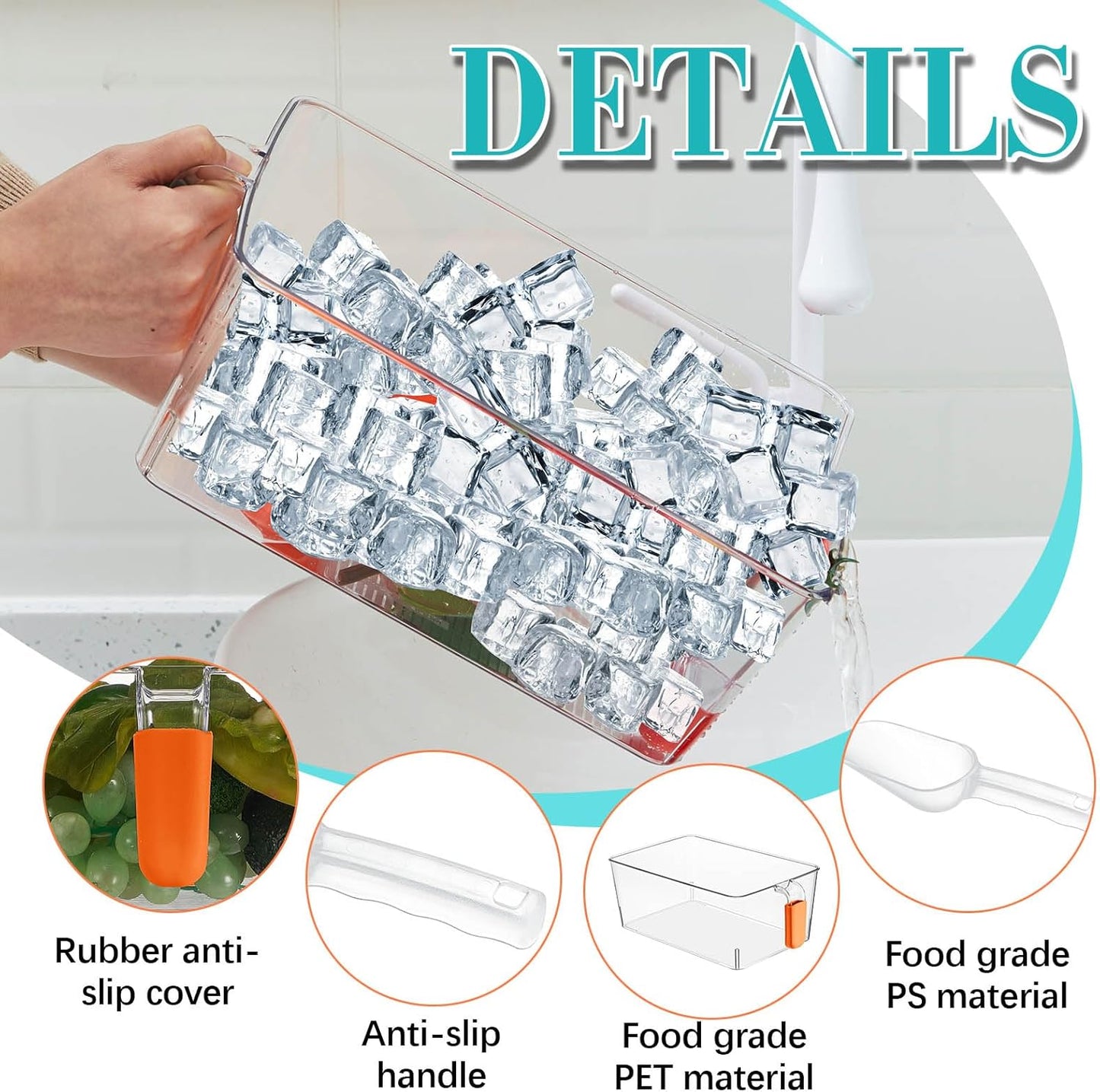 Havawish 2 Set Ice Bin and Flexible Scoop Set Plastic Freezer Ice Bin with Pull out Handle Clear Storage Bucket for Container with Bucket Scoop(Orange,10.83 x 7 x 4.33 in,10.83 x 4.92 x 4.33 in)