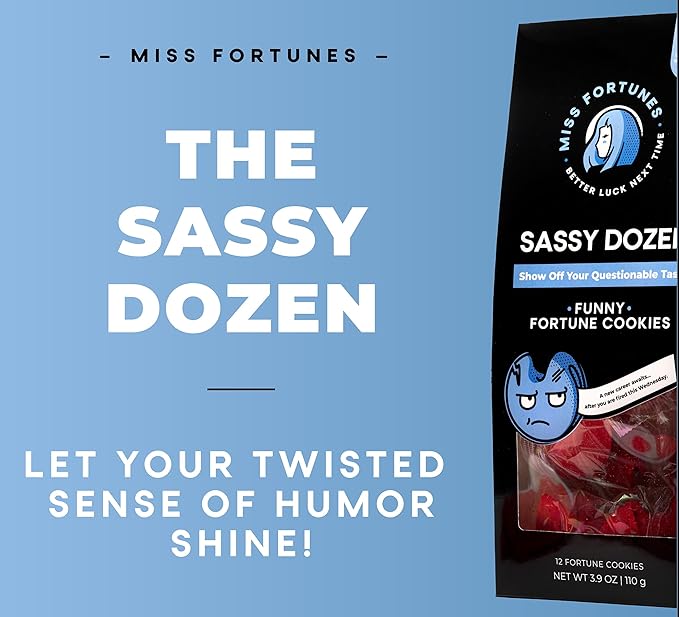 Miss Fortunes, Funny Fortune Cookies, The Sassy Dozen, Let Your Twisted Sense of Humor Shine! Written by Professional Comedy Writers, Safe For All Ages (Box of 12 Individually Wrapped Cookies)