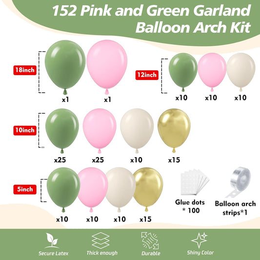 152Pcs Pink and Green Balloon Garland Arch Kit - Sage Green and Pink White Sand Gold Different Size Balloons for Girl Baby Shower Wedding Birthday Jungle Safari Woodland Party Decorations