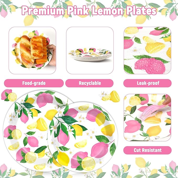 OBUSATT 96Pcs Pink Lemon Party Supplies Lemon Paper Plates Napkins Lemons Summer Party Decorations Pink Lemonade Dinnerware Party Favor Birthday Party Picnic HomeTableware Serves 24
