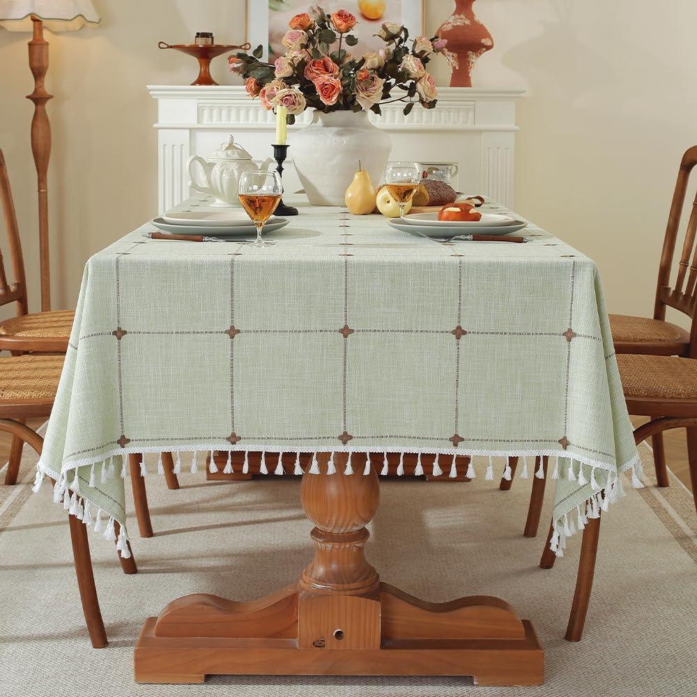Pahajim Rustic Linen Tablecloth Cotton Rectangle Table Cloth for Kitchen Dining with Tassel Plaid Waterproof Tablecloths Rectangle/Oblong,55''x94'', 6-8 Seats