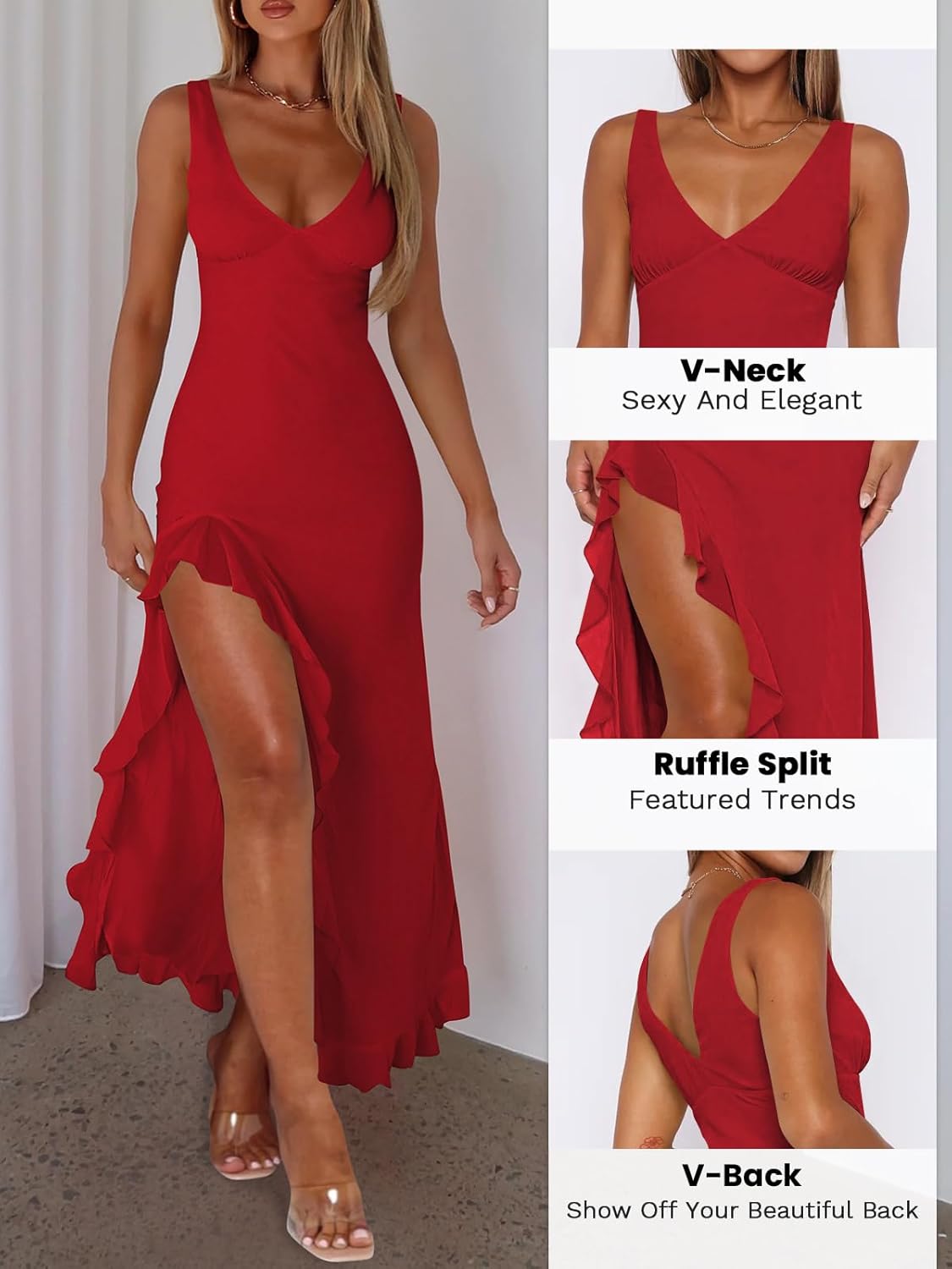 Women Sexy V Neck Sleeveless Mesh Ruffle Hem Bodycon Maxi Casual Backless High Slit Cocktail Party Dress