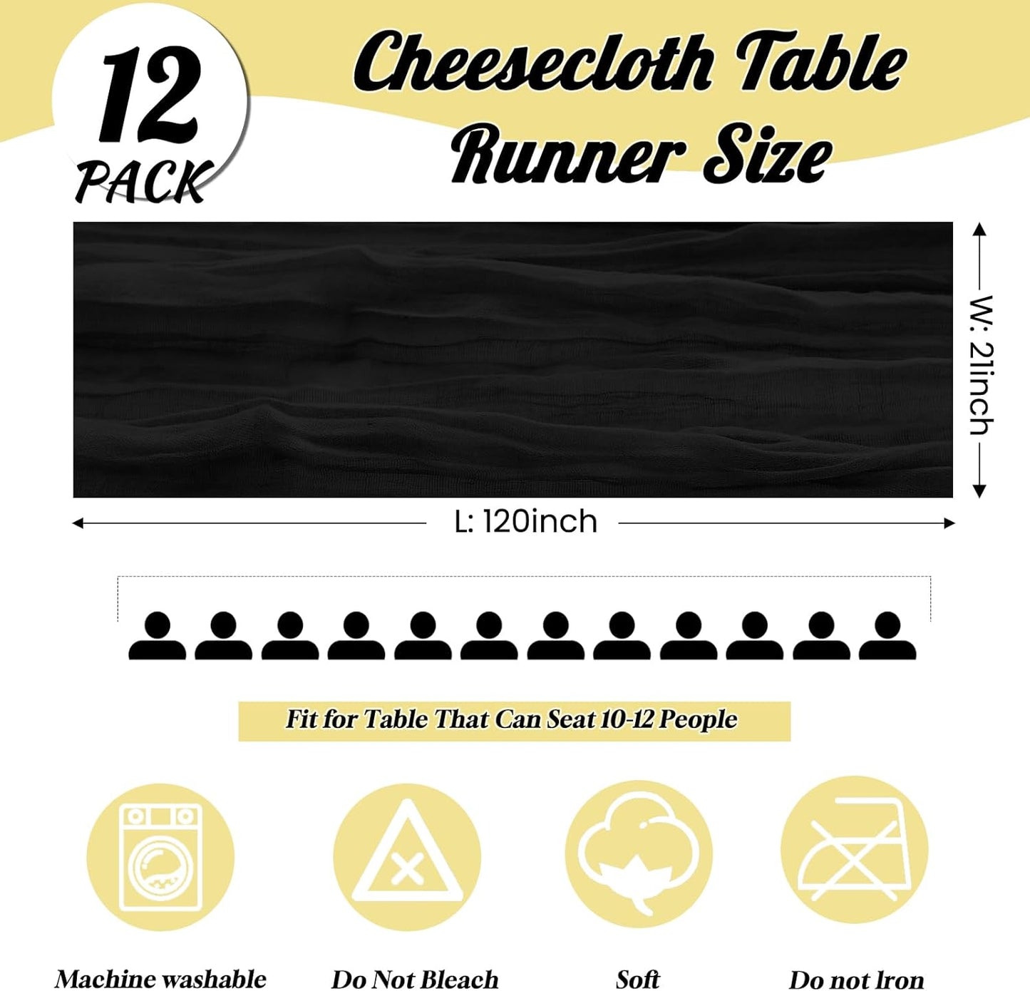 12 Pack Black Halloween Table Runner 10FT Cheesecloth Table Runner 120 inch Boho Gauze Cheese Cloth Table Runner Rustic Sheer Table Runner for Party Wedding Bridal Baby Shower Birthday Table Decor