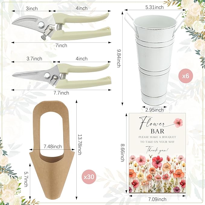 LEIFIDE 39 Pcs Flower Bar Buckets Set Kit Bloom Bar Supplies Include Wood Sign Gift Bags Iron Bucket Garden Flower Shears for Valentine Days Wedding Bridal Shower Table Centerpieces (White)