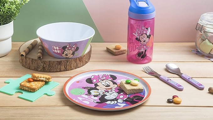 Zak Designs 5-Piece Dinnerware Set, Disney Minnie Mouse - Durable Plastic & Stainless Steel - Includes Water Bottle, 8-Inch Plate, 6-Inch Bowl, Fork & Spoon - Suitable for Kids Ages 3+