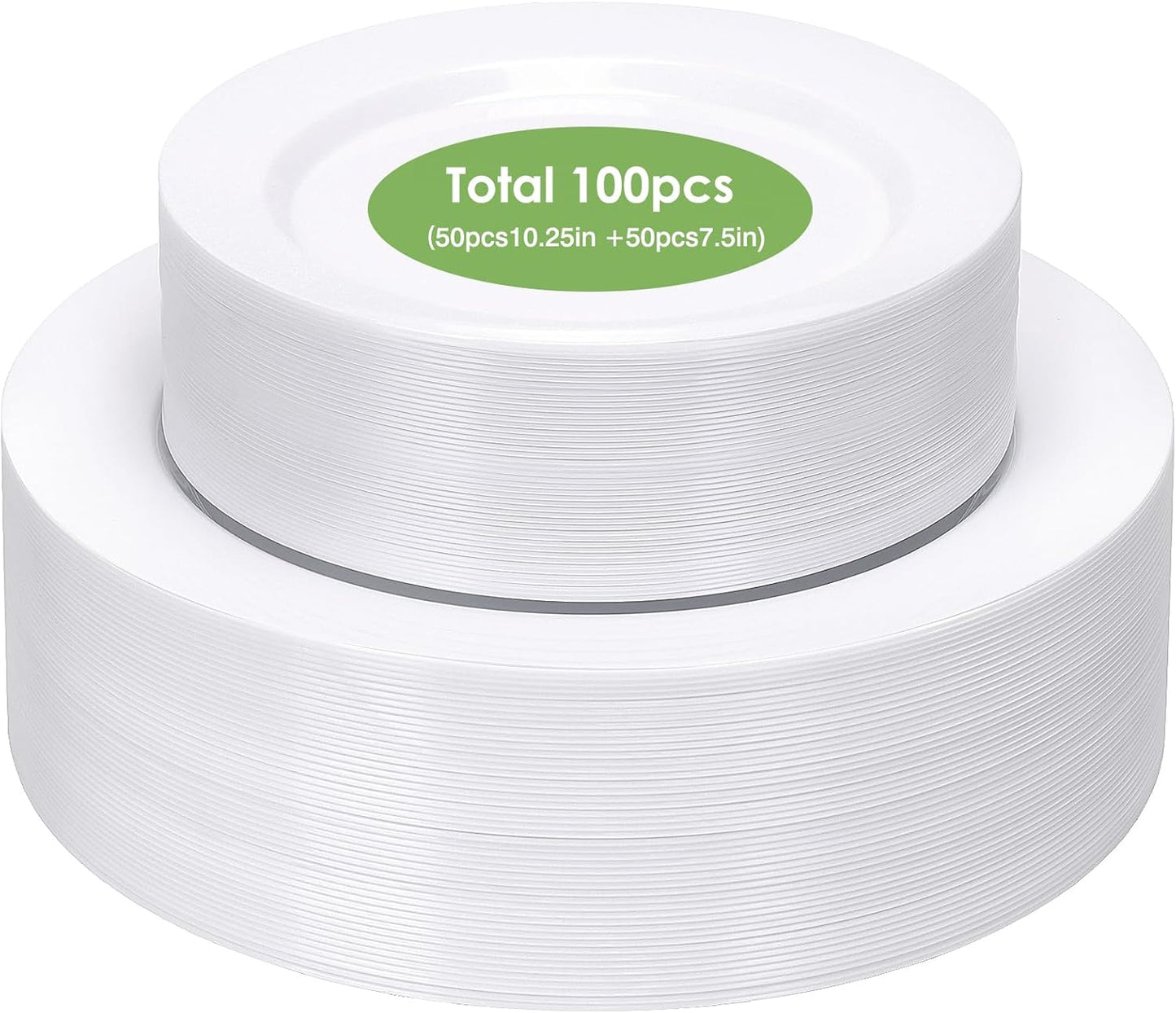Moretoes 100PCS White Plastic Plates Disposable 10.25inch Dinner Plates and 7.5inch Dessert Salad Plate Heavy Duty Plate for Wedding Party and Birthday