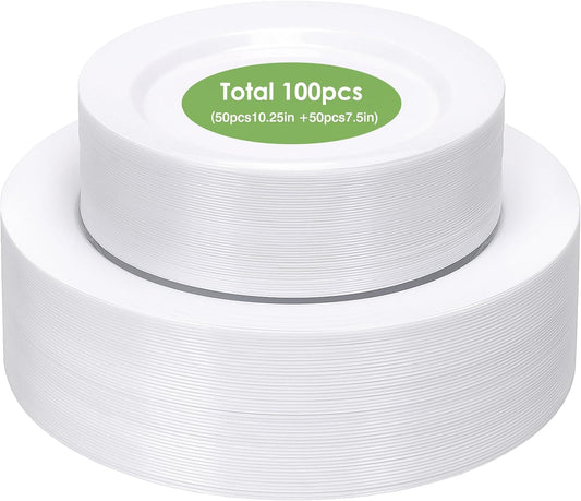 Moretoes 100PCS White Plastic Plates Disposable 10.25inch Dinner Plates and 7.5inch Dessert Salad Plate Heavy Duty Plate for Wedding Party and Birthday