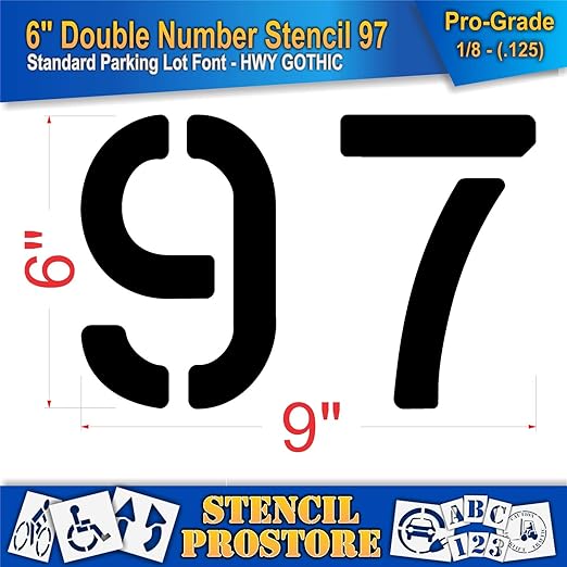 Pavement, Curb, and WheelStop Stencils - 6 inch Double Number Stencil - (97) - 6" x 9" x 1/8" (128 mil) - Pro-Grade