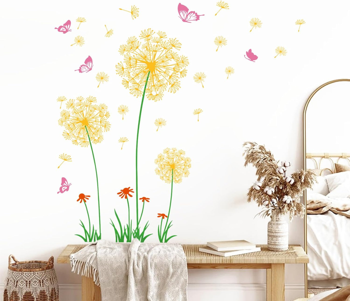 Supzone Yellow Dandelion Wall Stickers Flower Wall Decals Pink Butterflies Wall Decors Wall Art Stickers for Bedroom Living Room Sofa Backdrop TV Wall Decoration