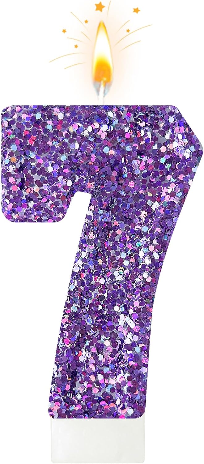 Birthday Number Candles, Glitter Number Candle Cake Decorations with Sequins, Cupcake Decorations for Girls, Women, Party Anniversary Celebrations (Number 7, Purple)