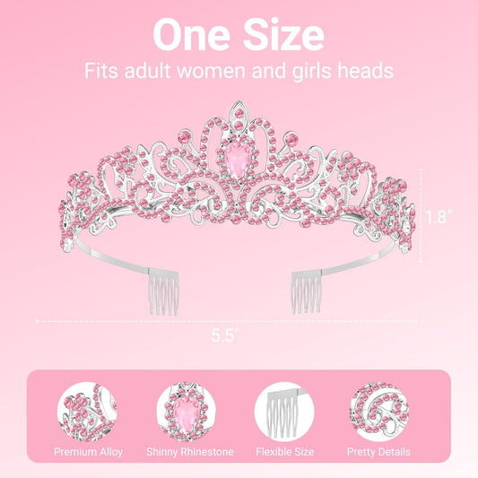 Birthday Tiara and Crown with Sash, Birthday Tiara for Women Party (Pink)