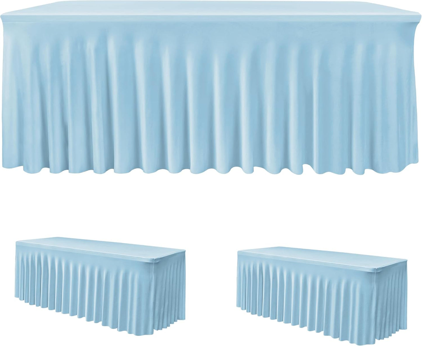HolidayIdeas Floor Length 8ft Spandex Tablecloth 2 Pack Fitted Stretch Table Skirts 30x96 Inch, Ruffle Design Wrinkle-Free Polyester Table Cover for Weddings Parties Banquets Events,Baby Blue, 2 Pcs